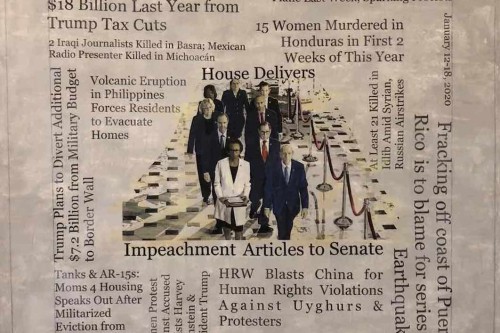 "Headlines (January 12 - 18, 2020)" 2020, Acrylic, graphite and hand-painted image transfers collaged on canvas, 22 by 23 inches