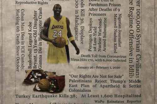 "Headlines (January 6 - February 1, 2020)" 2020, Acrylic, graphite and hand-painted image transfers collaged on canvas, 22 by 23 inches