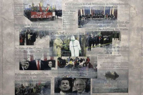 "Headlines (February 2 - 8, 2020)" 2020, Acrylic charcoal, graphite and hand-painted image transfers collaged on canvas, 22 by 23 inches
