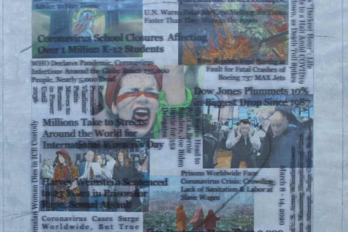 "Headlines (March 8-14, 2020)" 2021, Acrylic, charcoal, graphite and hand-painted image transfers collaged on canvas, 22 by 23 inches