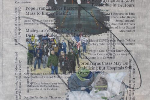 "Headlines (April 12-18, 2020)" 2021, Acrylic, charcoal, graphite and hand-painted image transfers collaged on canvas, 22 by 23 inches
