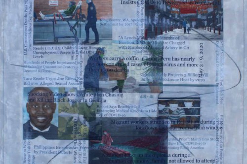 "Headlines (May 3-9, 2020" 2020, Acrylic, charcoal, graphite and hand-painted image transfers collaged on canvas, 22 by 23 inches