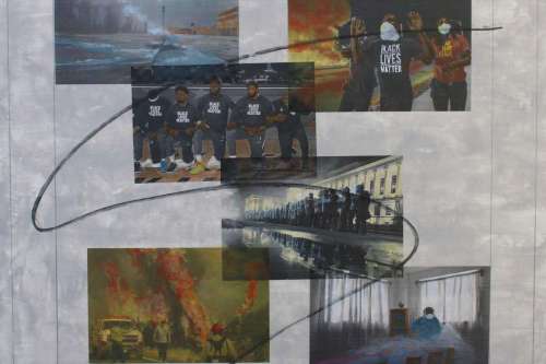 "The Shooting of Jacob Blake (Headlines August 23-29, 2020)" 2020, Acrylic, charcoal, graphite and hand-painted image transfers collaged on canvas, 22 by 23 inches