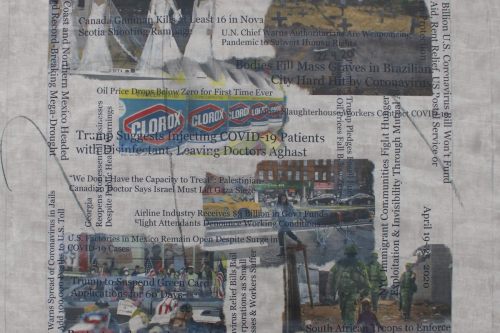 "Headlines (April 19 - 25, 2020)" 2021, Acrylic, charcoal and hand-painted image transfers collage on canvas, 22 by 23 inches