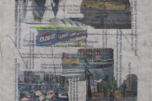 "Headlines (April 19 - 25, 2020)" 2021, Acrylic, charcoal and hand-painted image transfers collaged on canvas, 22 by 23 inches