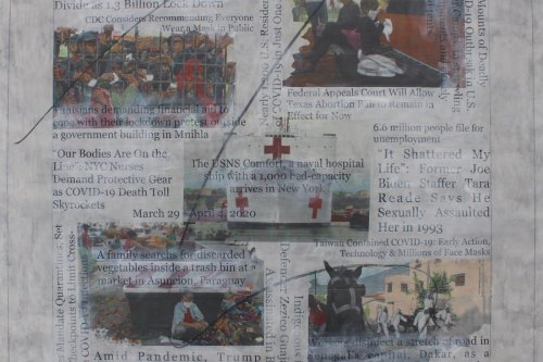 "Headlines (March 29 - April 4, 2020)" 2021, Acrylic, charcoal and image transfers collage on canvas, 22 by 23 inches