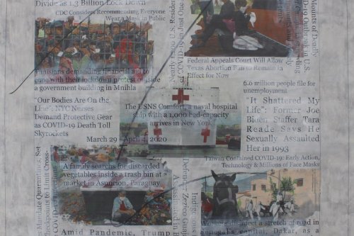 "Headlines (March 29 - April 4, 2020)" 2021, Acrylic, charcoal and hand-painted image transfers collaged on canvas, 22 by 23 inches