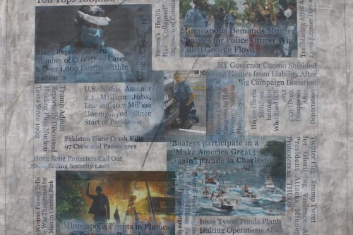 "Headlines (May 24 - 30, 2020)" 2021, Acrylic, charcoal and image transfers collaged on canvas, 22 by 23 inches