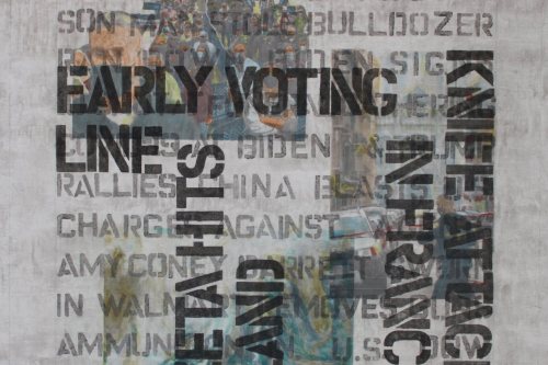 "Headlines (October 25 - 31, 2020)" 2023, Acrylic and hand-painted image transfers collaged on canvas, 22 by 23 inches