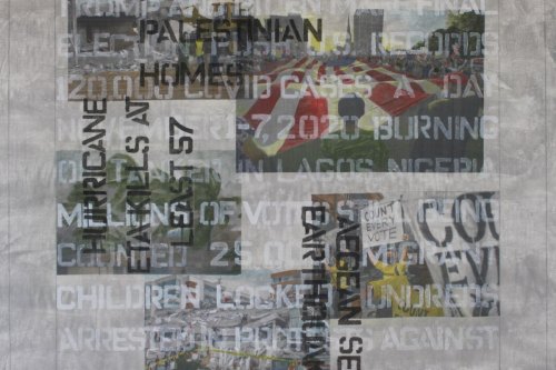 "Headlines (November 1-7, 2020)" 2021, Acrylic and hand-painted image transfers collaged on canvas, 22 by 23 inches