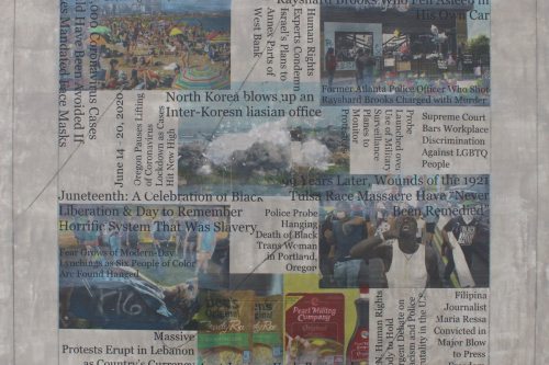 "Headlines (June 14 -20, 2020" 2020, Acrylic, charcoal, graphite and hand-painted image transfers collaged on canvas, 22 by 23 inches