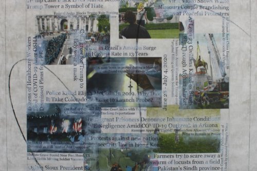 "Headlines (June 28 - July 4, 2020)" 2020, Acrylic, charcoal, graphite and hand-painted image transfers collaged on canvas, 22 by 23 inches