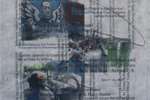 "Headlines (June 6 -13, 2020" 2020, Acrylic, charcoal, graphite and image transfers collage on canvas, 22 by 23 inches