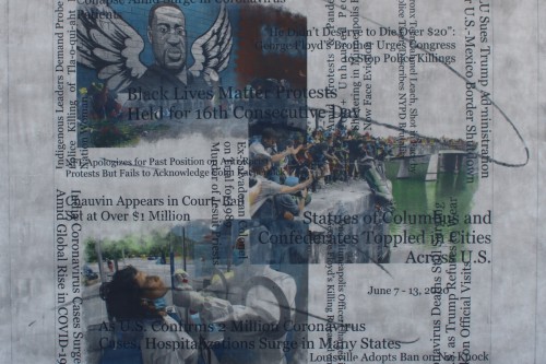 "Headlines (June 6 -13, 2020" 2020, Acrylic, charcoal, graphite and hand-painted image transfers collaged on canvas, 22 by 23 inches