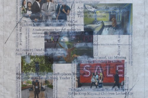 https://www.smarroquin.com/wp-content/gallery/news-cycles/sm_headlines712-18_22x23.jpg"Headlines (July 12 - 18, 2020)" 2022, Acrylic, charcoal and hand-painted image transfers collaged on canvas, 22 by 23 inches