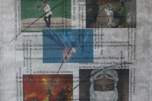 "Headlines (July 19-25, 2020)" 2020, Acrylic, charcoal, graphite and hand-painted image transfers collaged on canvas, 22 by 23 inches