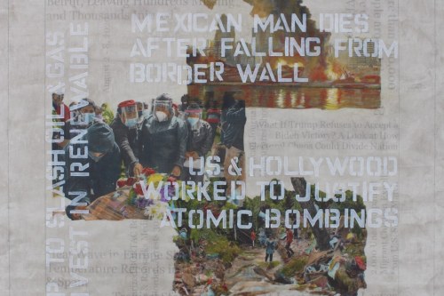 "Headlines (August 2-8, 2020)" 2022, Acrylic and hand-painted image transfers collaged on canvas, 22 by 23 inches