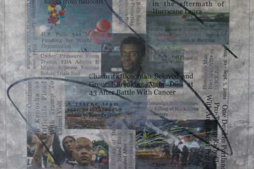 "Headlines (August 30-September 5, 2020)" 2020, Acrylic, charcoal, graphite and hand-painted image transfers collaged on canvas, 22 by 23 inches