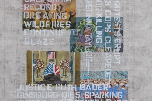 "Headlines (September 20-26, 2020)" 2023, Acrylic and stenciled letters on canvas, 22 by 23 inches