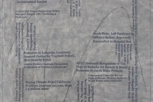 "Headlines (August 23-29, 2020)" 2020, Acrylic charcoal and image transfers on canvas, 22 by 23 inches