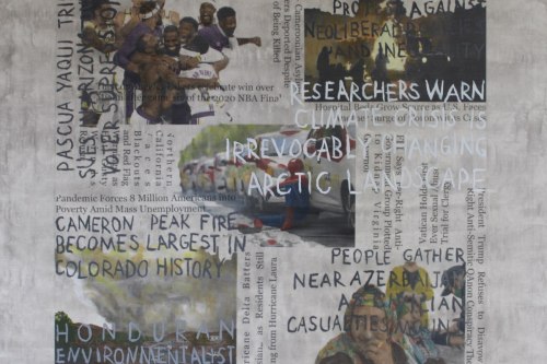 "Headlines (October 11 - 17, 2020)" 2024, Acrylic, and hand-painted image transfers collaged on canvas, 22 by 23 inches