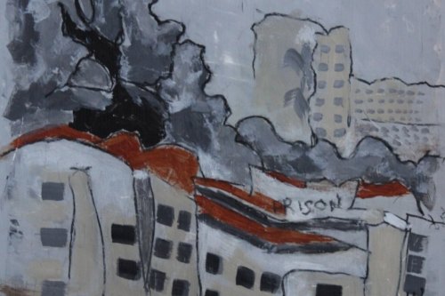 Crushed Boddies, 2023, Acrylic and charcoal on paper, 13 by 10 inches