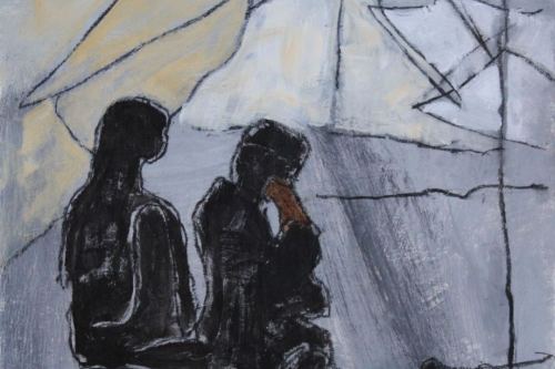 Waiting, 2023, Acrylic and charcoal on paper, 13 by 10 inches