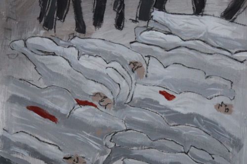 Sea of Bodies, 2023, Acrylic and charcoal on paper, 13 by 10 inches