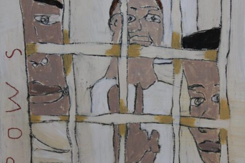 POWS, 2023, Acrylic and charcoal on paper, 13 by 10 inches