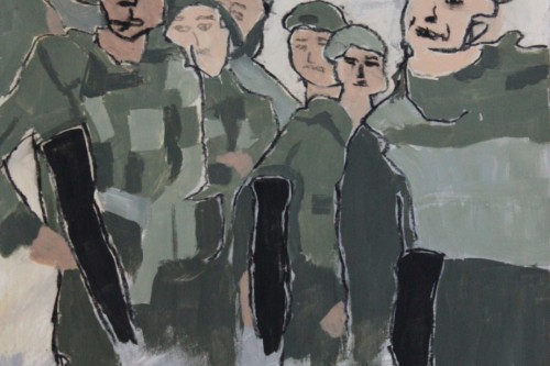 Rocks and M16s, 2023, Acrylic and charcoal on paper, 13 by 10 inches