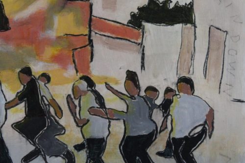 Raging Inferno, 2023, Acrylic and charcoal on paper, 13 by 10 inches