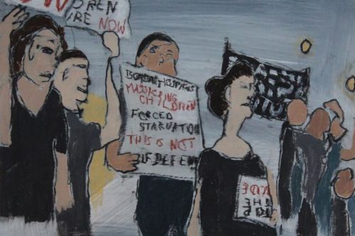 Ceasefire, 2023, Acrylic and charcoal on paper, 13 by 10 inches