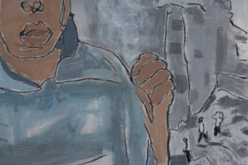 Press on the Ground, 2023, Acrylic and charcoal on paper, 13 by 10 inches