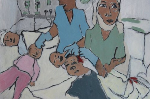 Wounded Child No Surviving Family, 2023, Acrylic and charcoal on paper, 13 by 10 inches