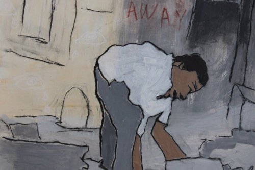 Don't Look Away, 2023, Acrylic and charcoal on paper, 13 by 10 inches