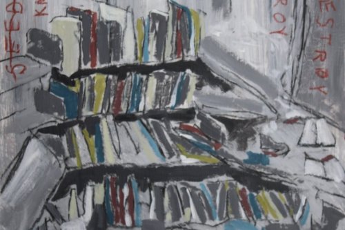Seeds of Knowledge Destroyed, 2023, Acrylic and charcoal on paper, 13 by 10 inches