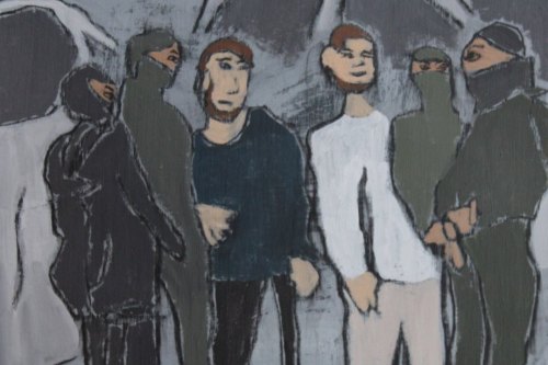 Hostage Exchange in the Night, 2023, Acrylic and charcoal on paper, 13 by 10 inches
