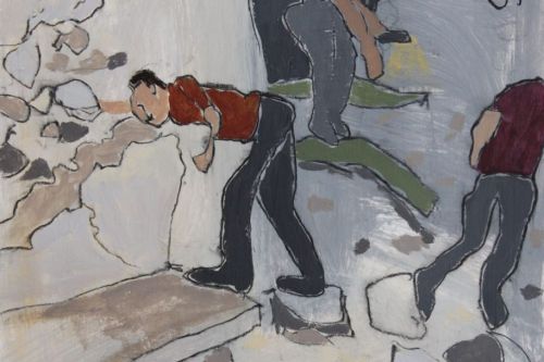 In the Ruins of St. Porphyrus, 2023, Acrylic and charcoal on paper, 13 by 10 inches