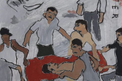 Injuries, 2024, Acrylic and charcoal on paper, 13 by 10 inches