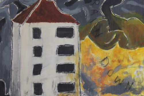 Bombs Rain Down, 2024, Acrylic and charcoal on paper, 13 by 10 inches
