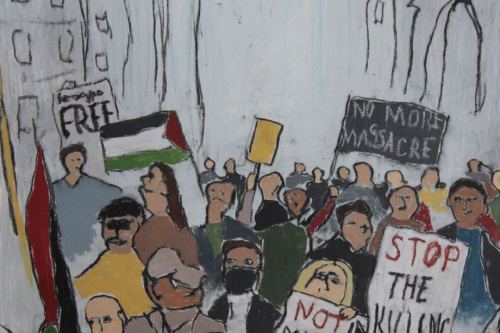 No More Massacre, 2024, Acrylic and charcoal on paper, 13 by 10 inches