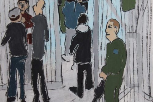 Checkpoint, 2024, Acrylic and charcoal on paper, 13 by 10 inches