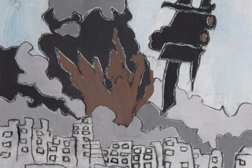 Bunker Busters, 2024, Acrylic and charcoal on paper, 13 by 10 inches