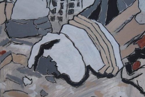 Demolish Civilization, 2024, Acrylic and charcoal on paper, 13 by 10 inches