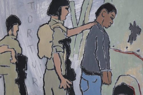 Detained, 2024, Acrylic and charcoal on paper, 13 by 10 inches