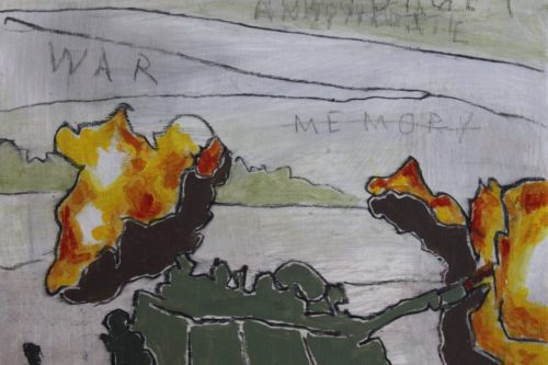 War of Memory, 2024, Acrylic and charcoal on paper, 13 by 10 inches