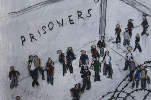Prisioners, 2024, Acrylic and charcoal on paper, 13 by 10 inches