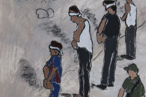 Rentless Brutality, 2024, Acrylic and charcoal on paper, 13 by 10 inches
