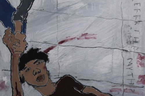 Do you Prefer the Myth? 2024, Acrylic and charcoal on paper, 13 by 10 inches