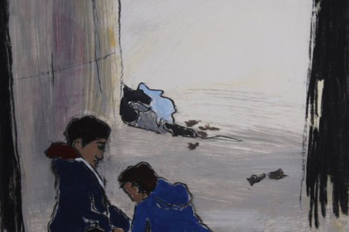 Solace, 2024, Acrylic and charcoal on paper, 13 by 10 inches